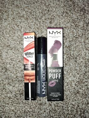 NYX Powder Puff Lippie & Glitter Goals Lipstick Set -Purple, Orange, Silver, NEW